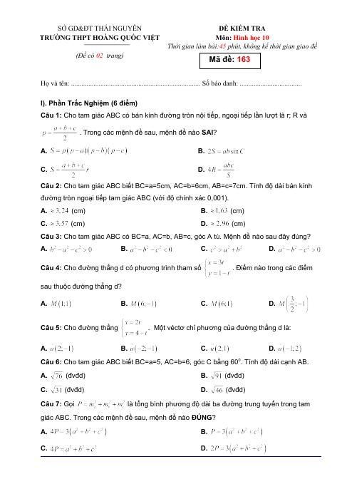 Đề kiểm tra Hình học 10 chương 2 trường THPT Hoàng Quốc Việt – Thái Nguyên (bản Word)